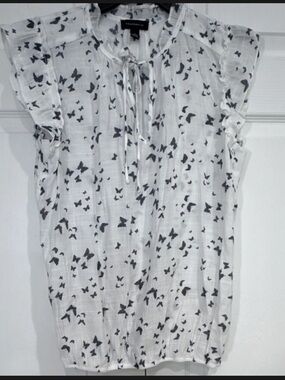 Tamara S/P White Black Butterfly Print Cap Sleeve Ruffle Tie Blouse Whimsy Boho‎